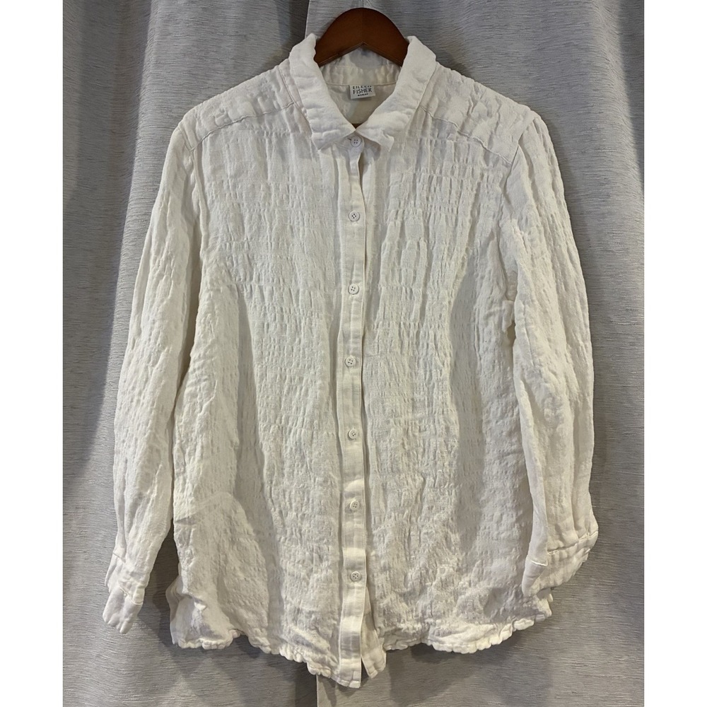 Eileen Fisher White 100% Cotton Puckered Long Sleeve Button Down Shirt Blouse